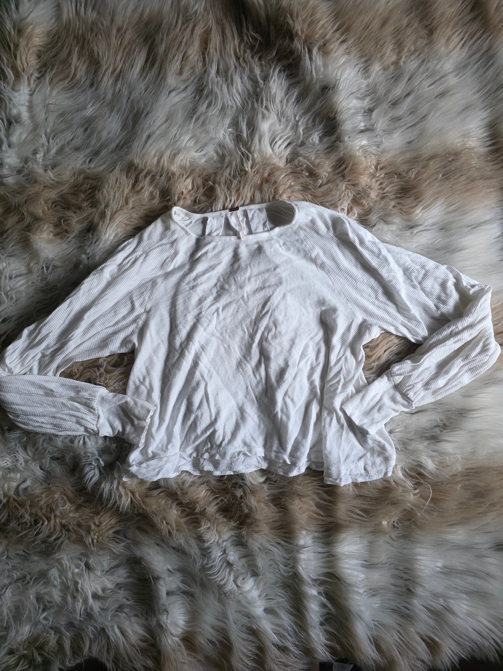 Free People Cream Ribbed Long Sleeve Scoop Neck Top